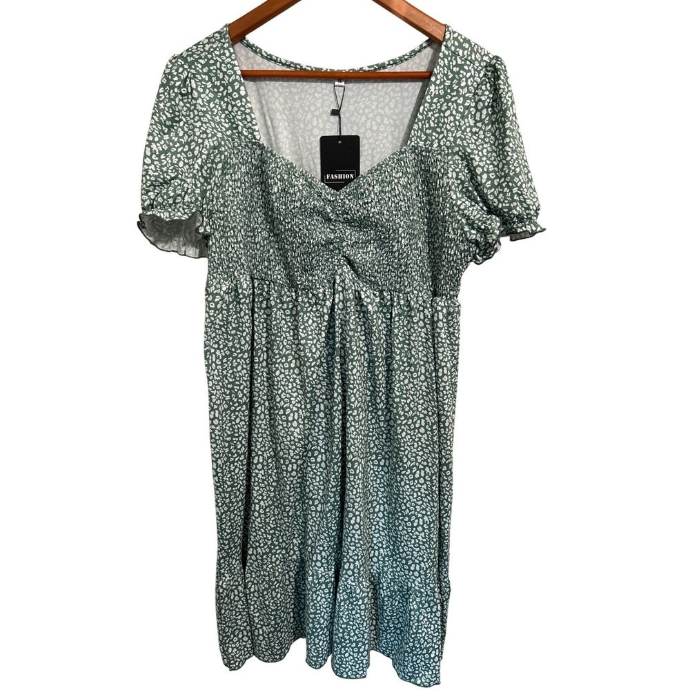 Kohl's Green and White‎ Short-Sleeved Knit Dress Smocked Ruched Top Women XL NWT